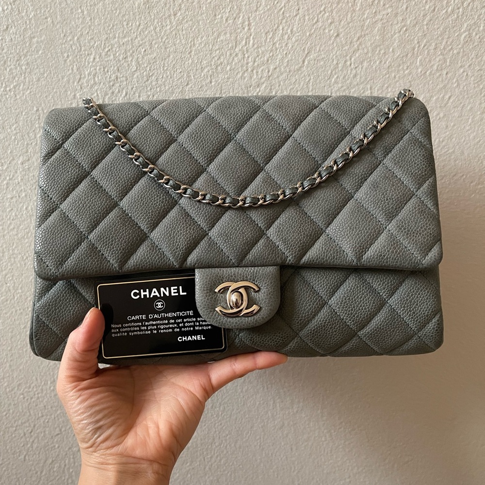 ❌SOLD❌Chanel Sage Green Suede Caviar Diamond Quilted Classic Flap Clutch Bag